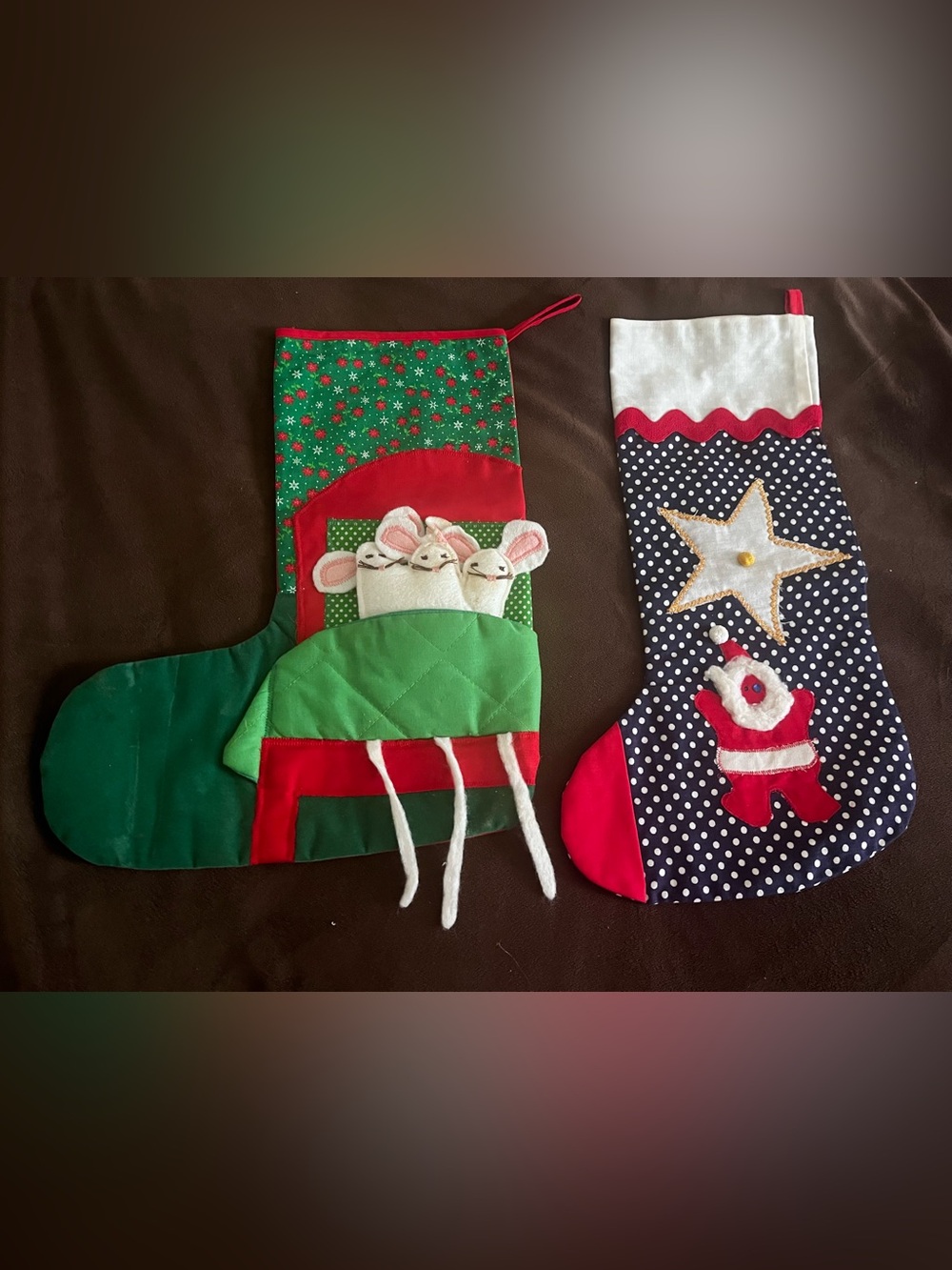 Vintage Handmade Christmas Stockings Mice / Santa w Star